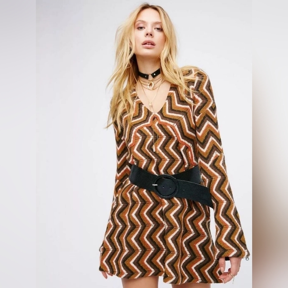 FREE PEOPLE Retro Wool Blend‎ Brown Rhianon Chevron Sweater Dress Size SP